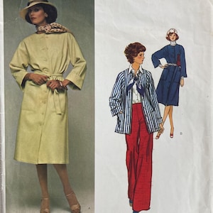 May include: Vogue American Designer sewing pattern featuring three fashion illustrations. The main image shows a woman in a light green button-down coat with a matching belt. The pattern includes designs for a striped jacket, red pants, and a blue coat. The designer is Jerry Silverman.
