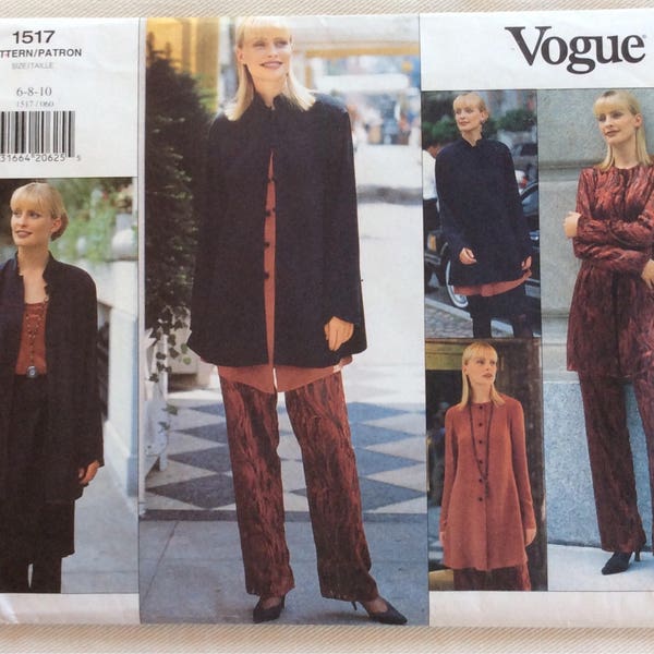 Vogue Pattern 1517 - Dropped Shoulders Blazer, Long Sleeve A-line Tunic, Camisole, Tapered Skirt & Straight-legged Pants - Sizes 6-10 UNCUT