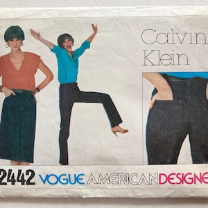 May include: Vintage Vogue American Designer sewing pattern featuring Calvin Klein designs. The cover shows illustrations of women in denim jeans and a skirt, with tops in shades of orange and blue. The pattern number is 2442.
