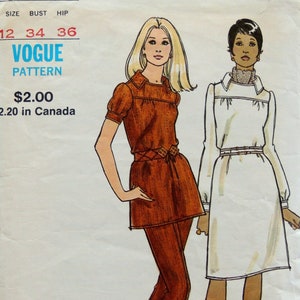 Vogue Pattern 7943 70s One Piece A-line Dress or Tunic w/Front Yoke, Wide Neckline & Shaped Collar and Straight Legged Pants  - Size 12