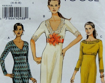 Vogue Pattern 8181 - Bateau or V-Neckline Empire Waist Dress w/Underarm Gussets - Sizes 4-6-8 -  UNCUT