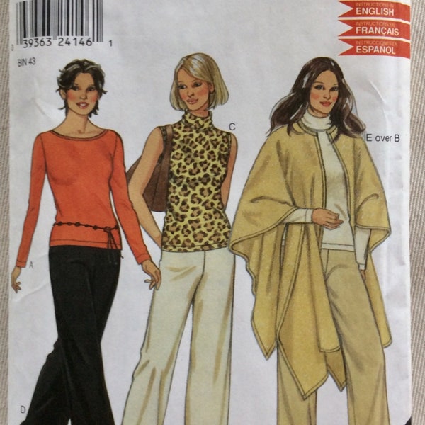 New Look Pattern 6008 Open Poncho/Wrap/Cape, Pullover Bateau Neckline or Turtleneck Tops and Back Zip Pants - Sizes 10-22 UNCUT