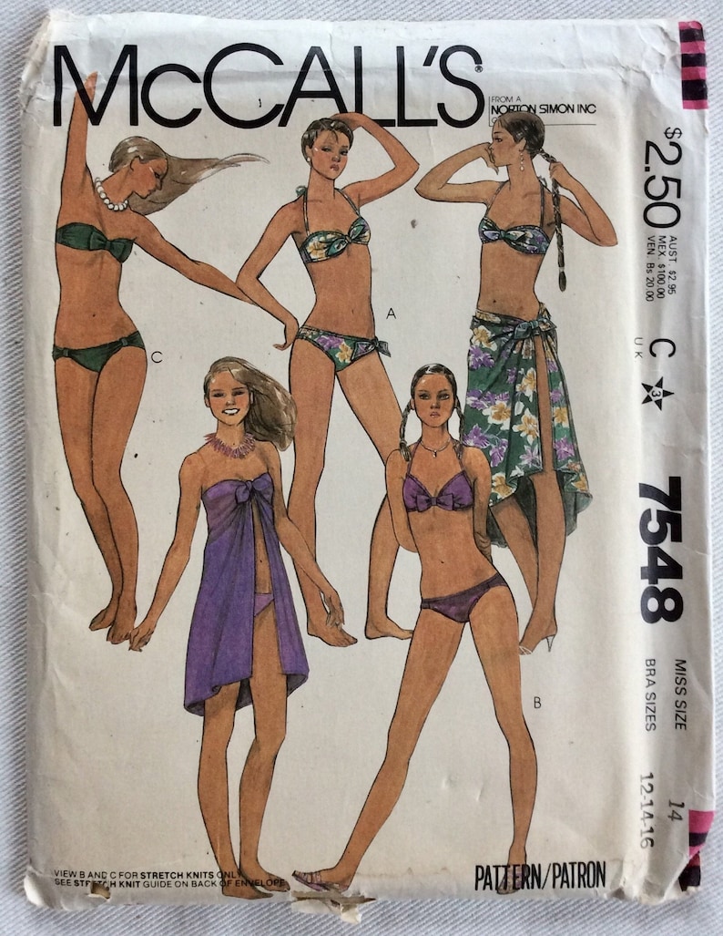 Bowamp; 2 Wbands Sarongcoverupwrap Or Size Bra Tie Piece 16 Bandeau BackOptStrapsBottoms 7548 Mccall’pattern Bikini Hook 12 14 TKF1Jlc3