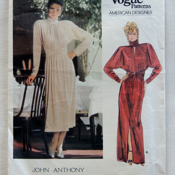 Vogue Pattern 1478 John Anthony Pullover Cocktail Dress Evening Gown w/Keyhole Blouson Bodice, Dolman Sleeves, Bias Collar & Hemline Slit