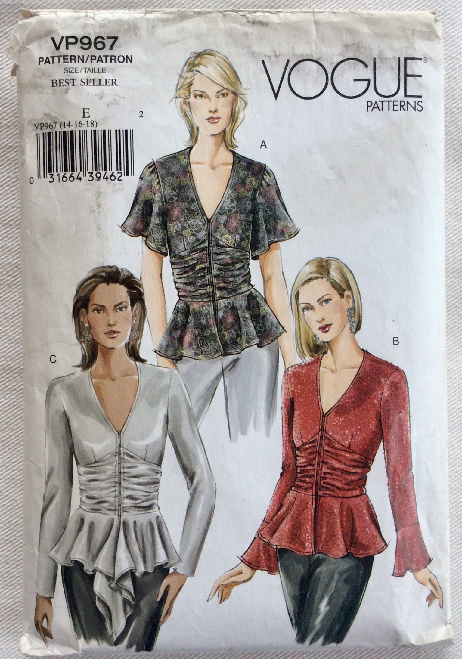 Vogue Pattern VP967/7968 -Hook & Eye Front Close Shirred Waist Peplum Top w/Short Flounce,Long Slim or Flounce Cuff Sleeves-Sizes 14,16,18
