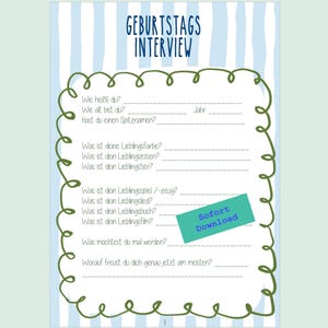 Puede incluir: Una hoja de entrevista de cumpleaños imprimible en verde claro y azul. La parte superior de la hoja tiene las palabras "GEBURTSTAGS INTERVIEW" en azul. La hoja tiene líneas para completar respuestas a preguntas sobre cosas favoritas.