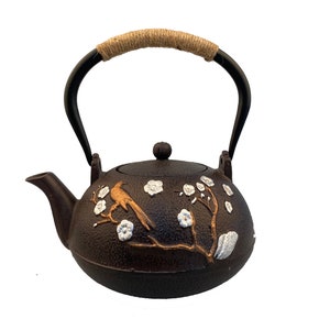 MCT038 Cast Iron Teapot set 1200ml with 4 cups,good heavy quality floral and bird teapot,1.2L Brown flowers Teapot Gift for Husband Dad Man