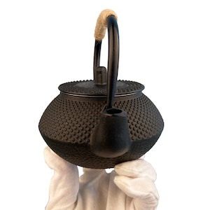 May include: A black cast iron teapot with a textured surface and a brown rope handle. The teapot is being held by a gloved hand.
