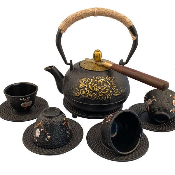 MCT-A006-8BK 800ml Black Good Heavy Quality Cast Iron Teapot Pot for Tea as Gift Peony Tree 0.8L Teapot Flower set Iron Pot cups Home art