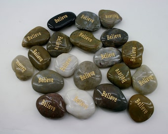 Lot of 20pcs Smooth Polished Engraved Inspirational Positive message Stones Spirit Etched Words Natural River Rocks believe