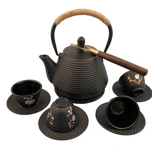 MCT-A010-10BK 1000ml Black Good Heavy Quality Cast Iron Screw Thread Teapot for Tea as Gift 1L Teapot Circles Iron Tea Pots Set Granule Cups