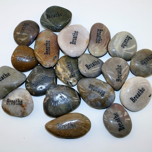 Lot of 100pcs Smooth Polished Engraved Inspirational Positive message Stones Spirit Etched Words Natural River Rocks breathe