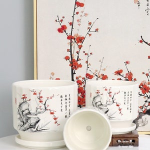 white porcelain plum flower pot ceramic with tray Asian style outdoor indoor planter pots for Gardener