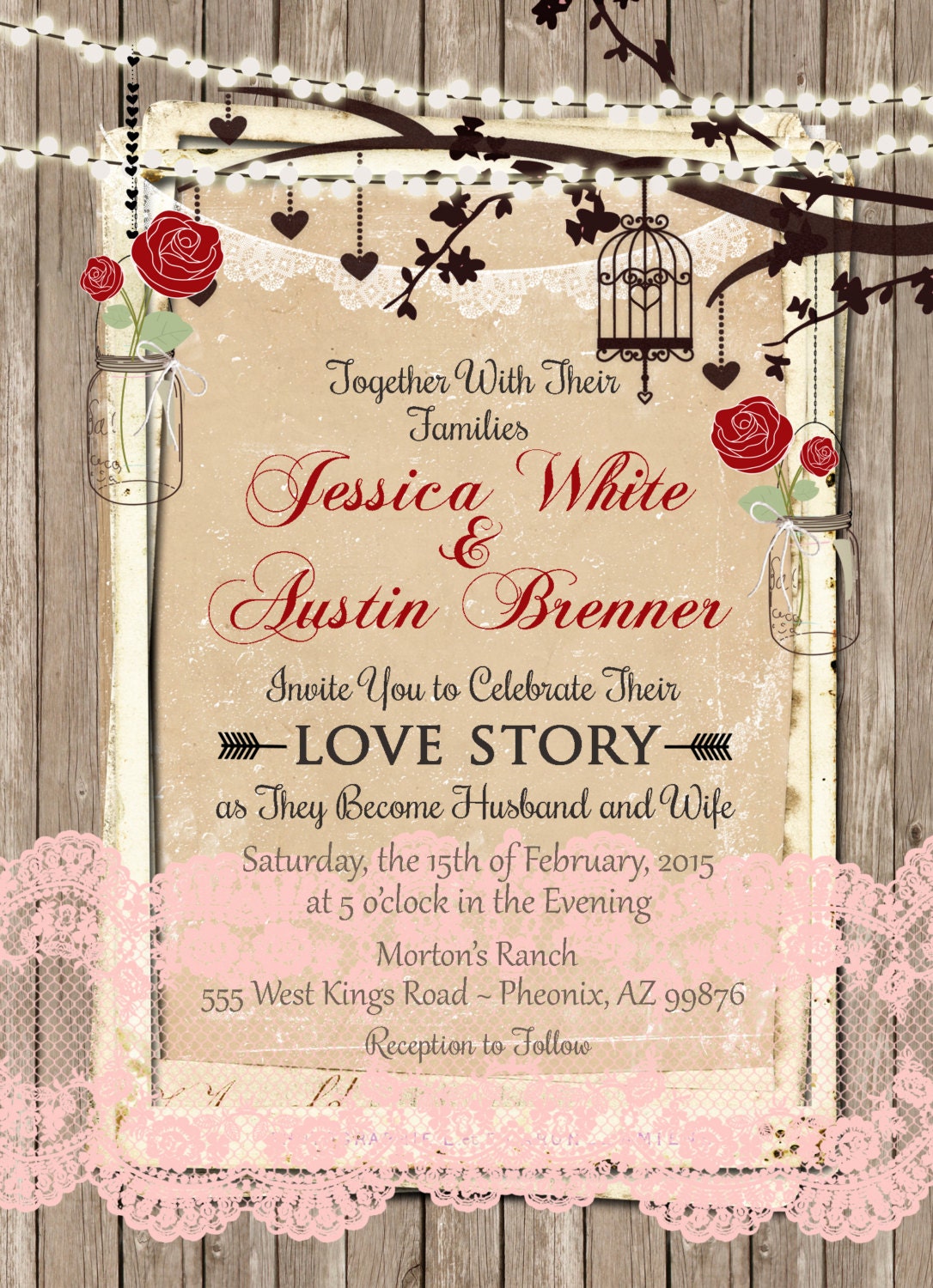 Lace Wedding Invitation Rustic Mason Jar Red Roses Lights | Etsy