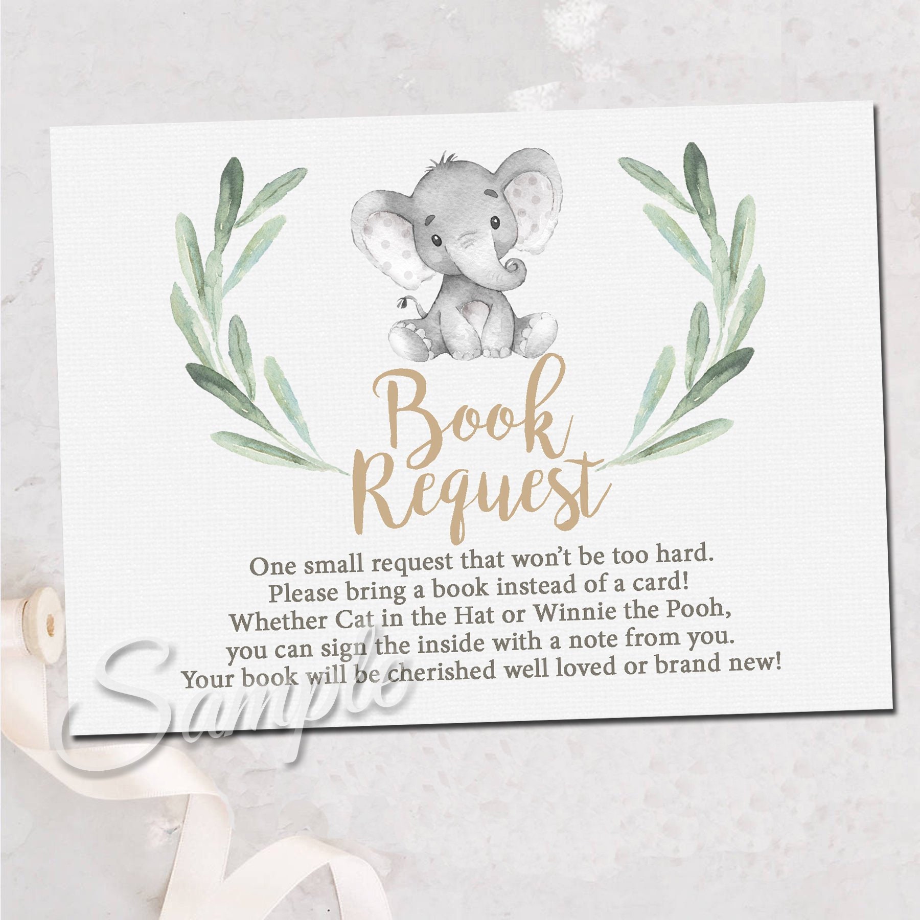Book Card Instant download 4x5 Book Request Gender Neutral Book Card Greenery Elephant Bring a Book Instead of a Card Printable