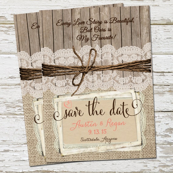 Rustic Burlap and Lace Save the Date Wood Fence Digital | Etsy