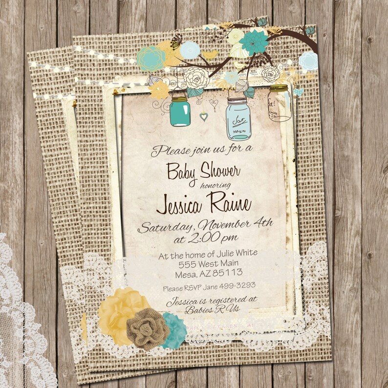 Burlap and Lace Rustic Baby Shower Invitation Invite Mason | Etsy