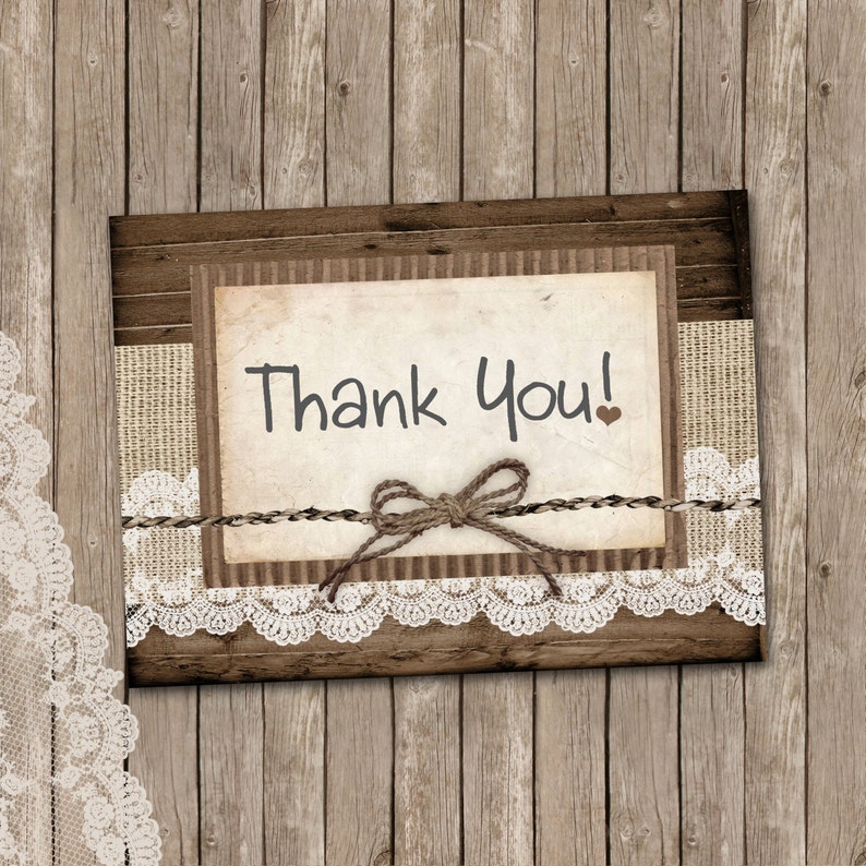 Rustic Thank You Card 4x5 Wood Burlap and Lace Printable Etsy