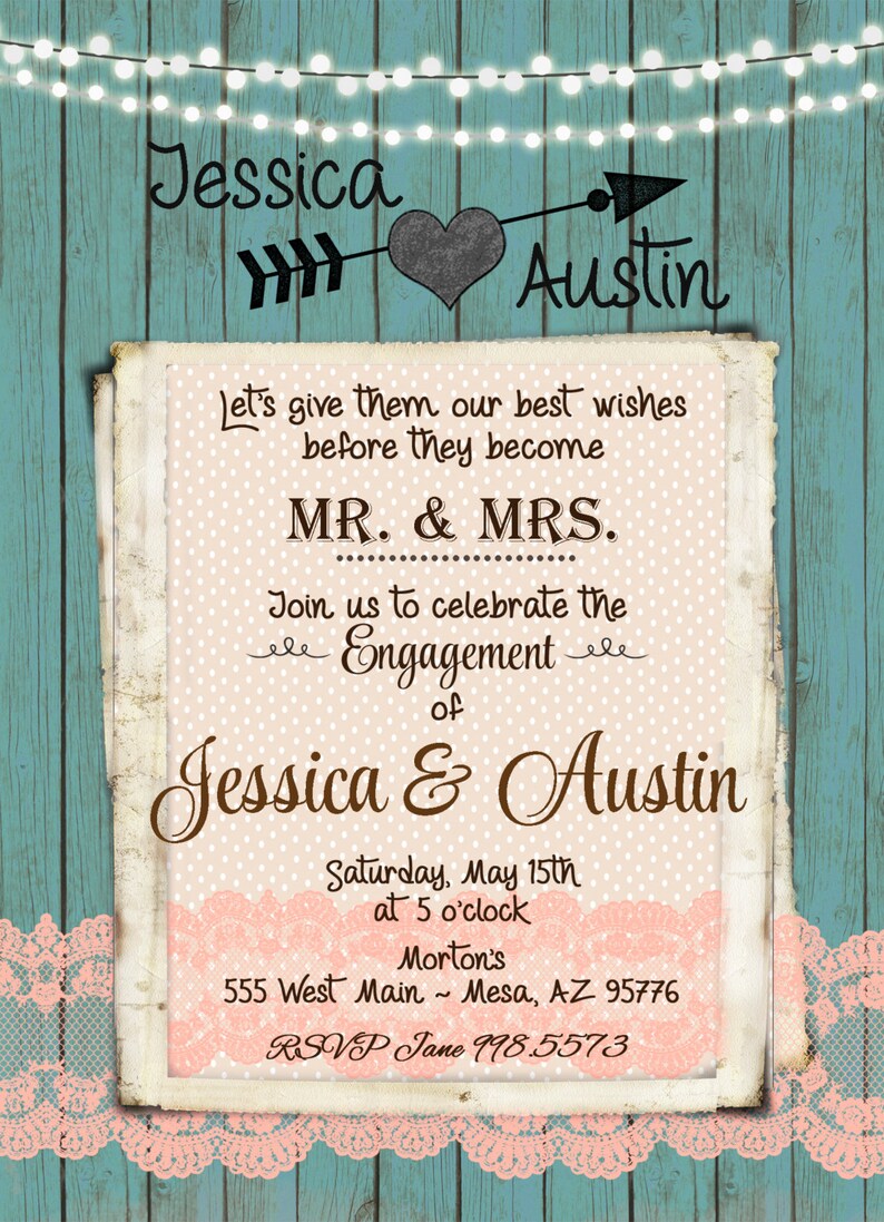 Rustic Engagement Party Invitation Mint Peach Lights Wood Etsy
