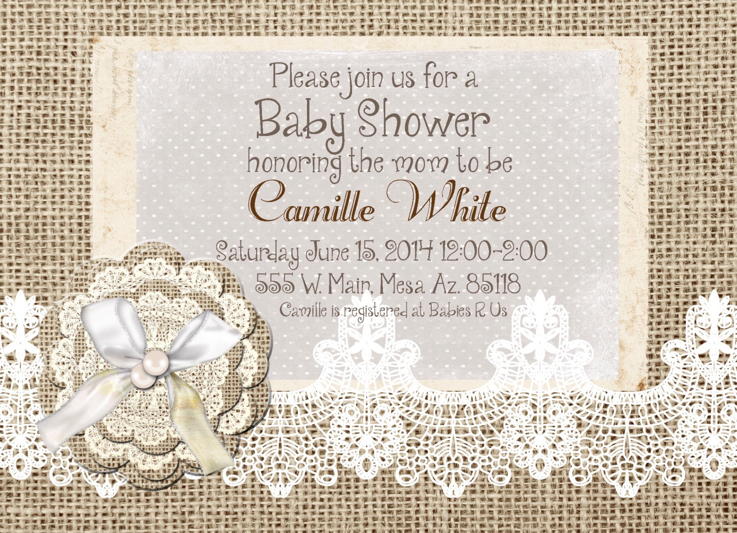 Burlap And Lace Baby Shower Invitation Invite Rustic Etsy