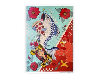 Whimsical Koi, Skateboard Girl & Red Rooster Poster | Gloss Poster