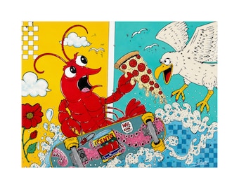 Lobster on Skateboard Eating Pizza Satin Poster | Surfing Seagull Pop Art
