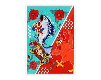 Whimsical Koi, Skateboard Girl & Red Rooster Poster | Gloss Poster