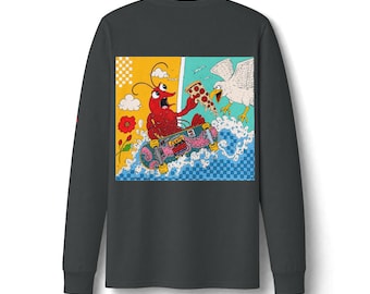 Colorful Lobster Surfing Illustration Long Sleeve T-Shirt | Retro Pop Art