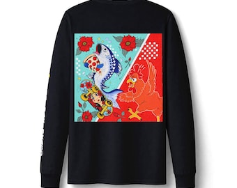 Fish Pizza Skateboard Graphic Long Sleeve Shirt | Floral Pop Art