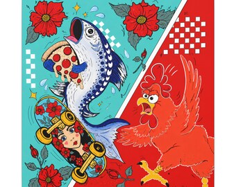 Pizza Fish and Skateboard Chicken Canvas | Matte Stretched Wall Art