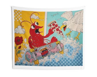 Skateboarding Lobster and Seagull Pizza Indoor Wall Tapestry | Retro Surf Art