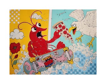 Lobster on Skateboard Eating Pizza Satin Poster | Surfing Seagull Pop Art