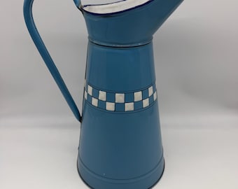 Rare French Enamel Pitcher Robin Blue w/White Checkered Squares