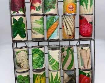1930’s Clyde Robin Seed Tin Can Collection & Rack (20 Sealed Cans)