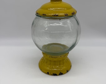 Vintage Glass Globe On Yellow Ceramic Stand With Lid