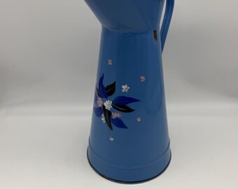 Rare French Enamel Pitcher Blue w/Floral Pattern