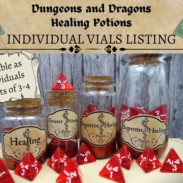 Single DnD Health potion bottles I D4 dice I Full healing potion sets available | Red d4 dice | Glass vials with cork I Red potion bottles