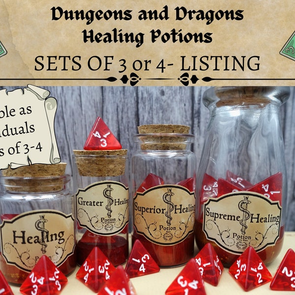 Dnd Health potion bottles I Red D4 dice I DM Set | Dnd Healing potions I Glass potion bottle | Perfect for DnD Pathfinder and other TTRPG's