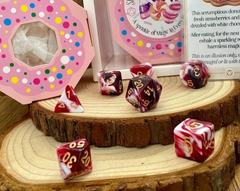 Donut dice I Red dragon's breath I Red and white dice I Dnd dice set I Polyhedral dice I Dnd gift ideas I Pathfinder TTRPG I Doughnut dice