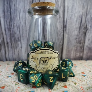 Owl's Wisdom | DnD Potion bottle dice set | Green swirl polyhedral set of 7 dice | Perfect for Pathfinder and other TTRPG's