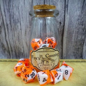 Fox's Cunning | Dnd Potion bottle dice set | Orange and white swirl polyhedral set of 7 dice | Perfect for Pathfinder and other TTRPG's