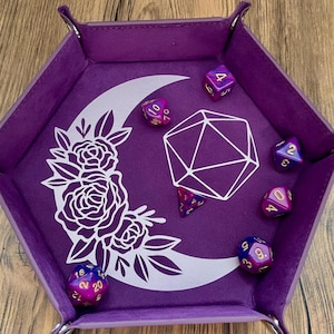 Moon D20 Dice Tray: Purple & Rose Gold, Collapsible Hexagon Tray