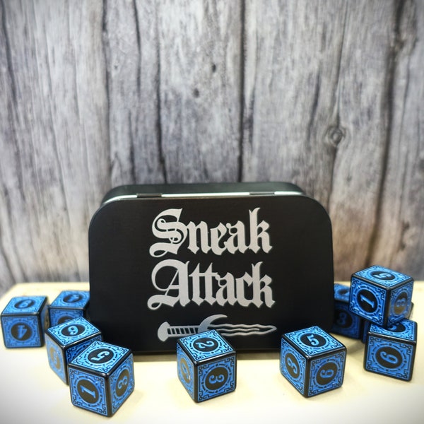 Swashbuckler rogue archetype I Sneak attack dice I Blue and black dice I Black tin | 10 D6 dice set | Perfect for rogues | TTRP DnD gifts