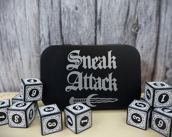 Phantom rogue archetype I Sneak attack dice I White and black dice I Black tin | 10 D6 dice set | Perfect for rogues | TTRP DnD gifts