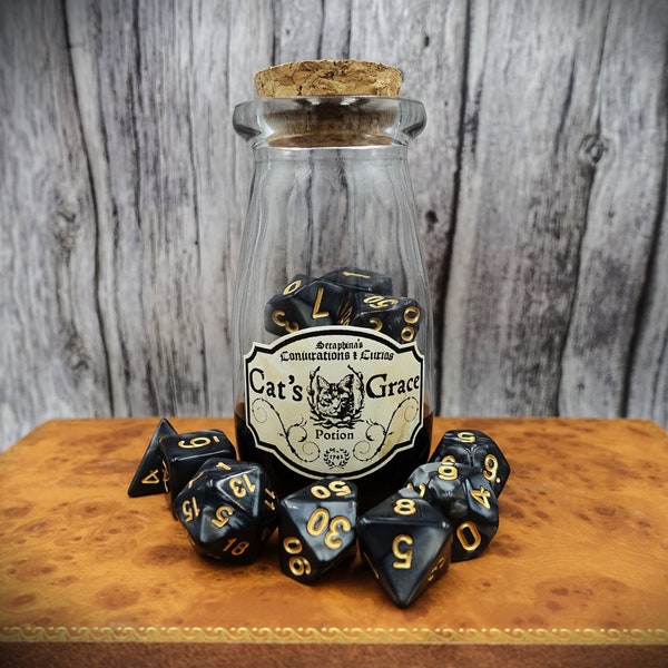 Cat's Grace | Dnd Potion bottle dice set | Black polyhedral set of 7 dice | Perfect for Pathfinder and other TTRPG's
