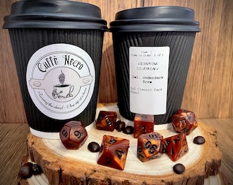 Underdark Brew I Caffe Necro I Bronze and black dice I Coffee dice I TTRPG gifts I Dnd gag gift I Personalised RPG gifts I Pathfinder