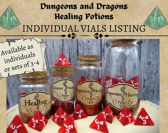 Single DnD Health potion bottles I D4 dice I Full healing potion sets available | Red d4 dice | Glass vials with cork I Red potion bottles