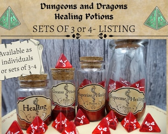 Dnd Health potion bottles I Red D4 dice I DM Set | Dnd Healing potions I Glass potion bottle | Perfect for DnD Pathfinder and other TTRPG's