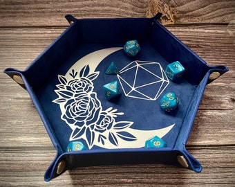 Moon D20 | Blue and Silver Dnd Dice tray | Hexagon dice tray | Collapsible dice tray I DnD gift | Perfect for Pathfinder & TTRPGs