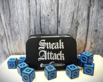 Swashbuckler rogue archetype I Sneak attack dice I Blue and black dice I Black tin | 10 D6 dice set | Perfect for rogues | TTRP DnD gifts